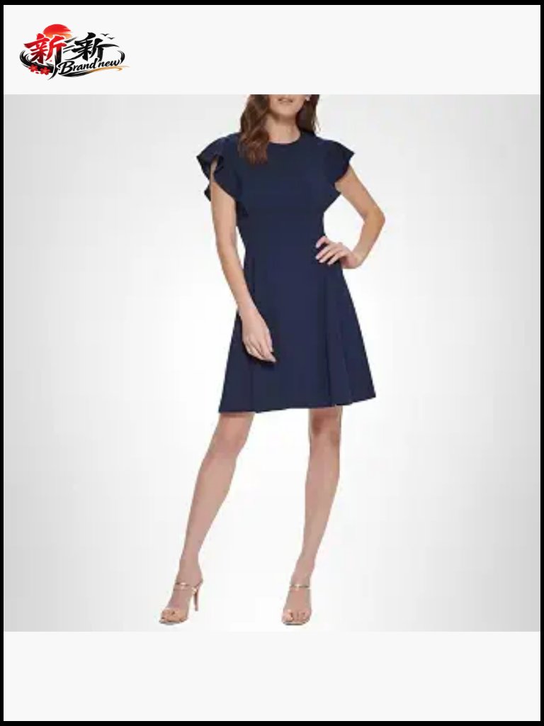 Flutter Sleeve Scuba Crepe Jewel Neck Dress Sleeveless A-Line
